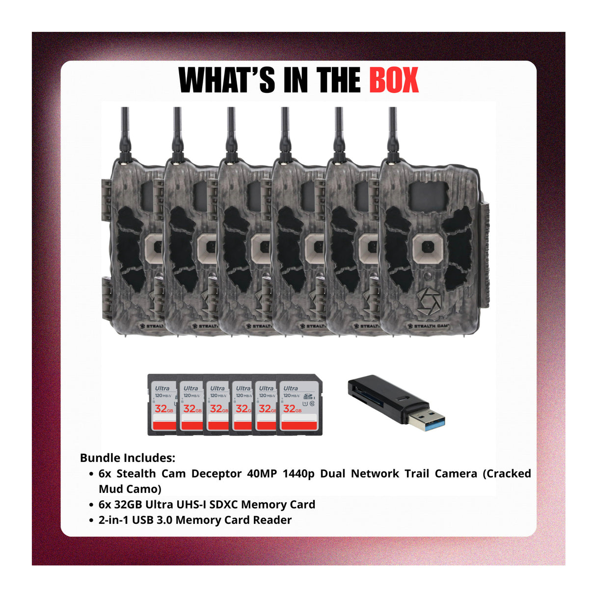 Stealth Cam Deceptor Dual Network Trail Camera (6 Pack) Bundle with 32GB Memory Card & Card Reader - 9