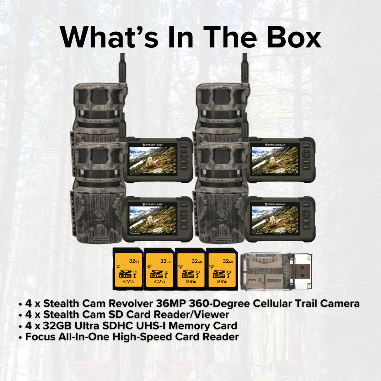 Stealth Cam Revolver 36MP 360-Degree Cellular Trail Camera with 1/4-Inch Mount (4-Pack) Bundle