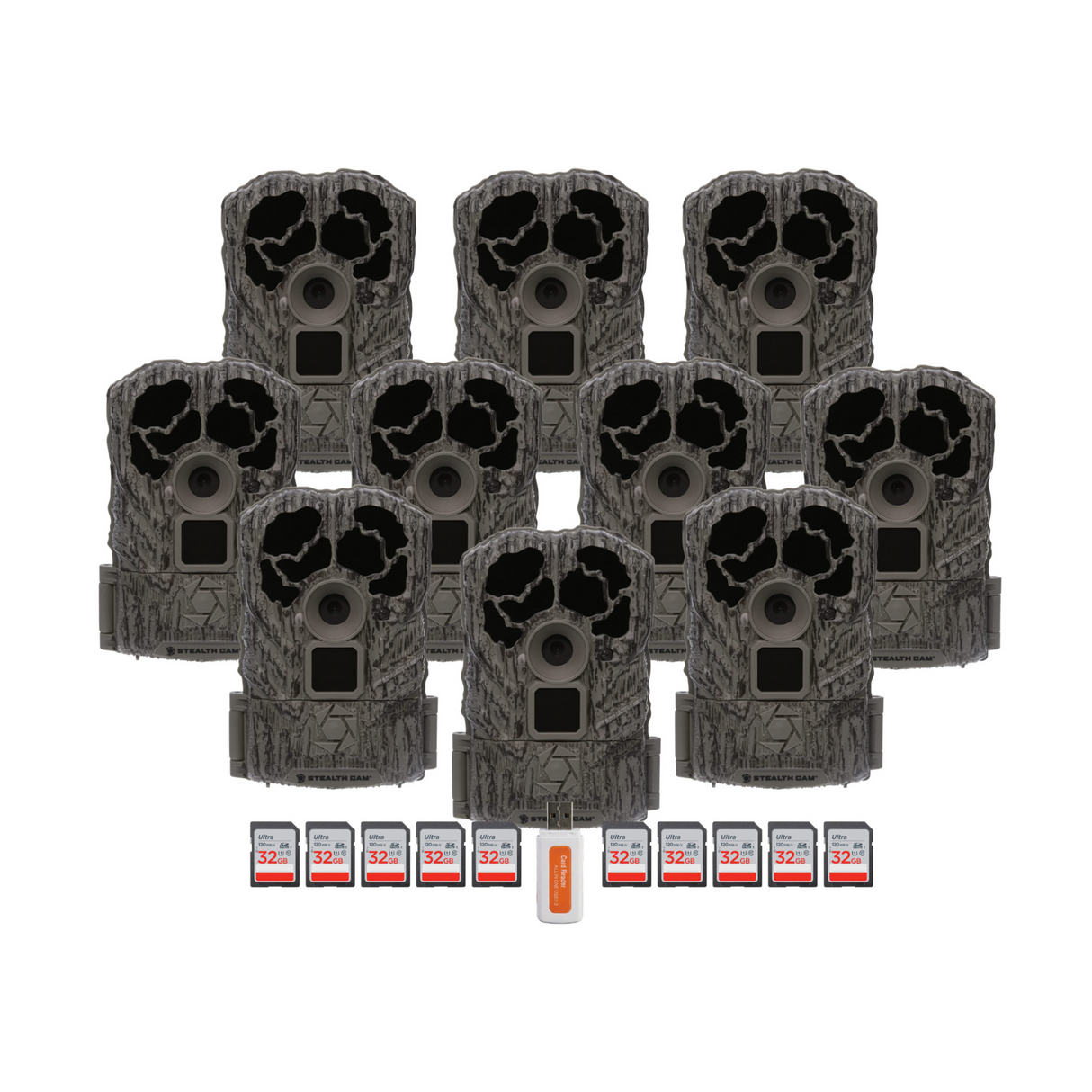 Stealth Cam Browtine Trail Camera Bundle with 32GB Memory Card and Card Reader (10-Pack, 21 Items)