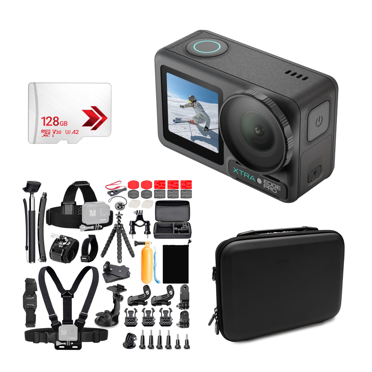 Xtra Edge Action Camera with 128GB MicroSD Card, 50-In-1 Action Camera Accessory Kit and Case Bundle