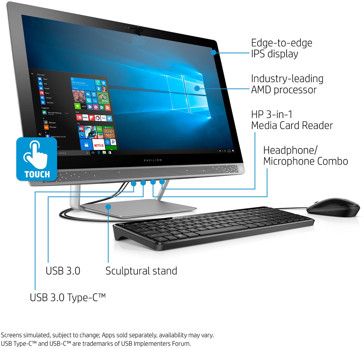 HP Pavilion 24-b217c, Core i5-7400T,12GB, 23.8” Full HD Touch-screen All-in-One