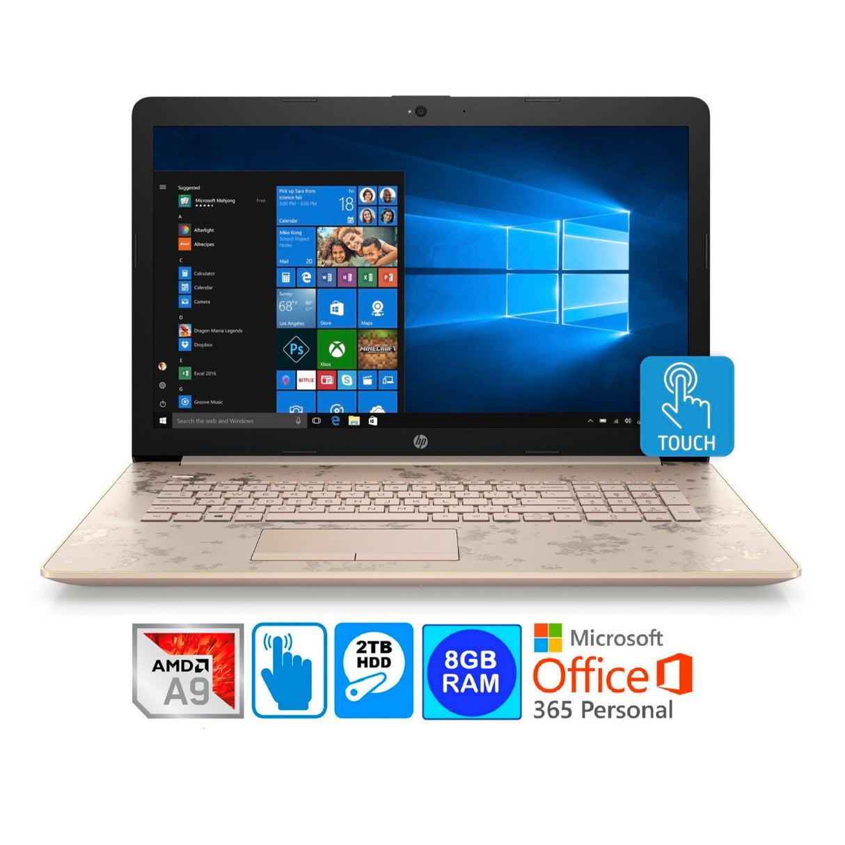 HP 15.6" HD WLED Touch Screen Laptop with AMD A9-9425 2TB HDD 8GB RAM & Microsoft Office Personal 365 1Yr.