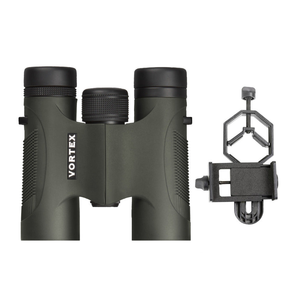 Vortex 10x28 Diamondback Roof Prism Binoculars with Smartphone Adapter Bundle