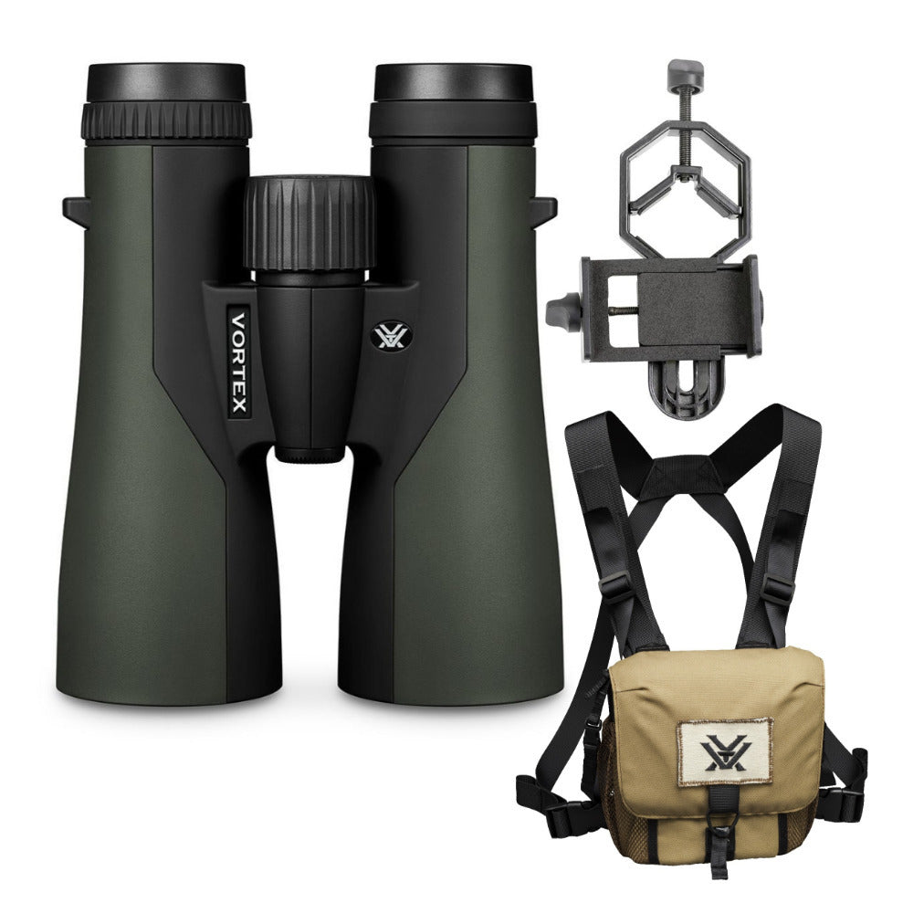 Vortex 10x50 Crossfire HD Roof Prism Binoculars with Glasspak & Smartphone Adapter Bundle