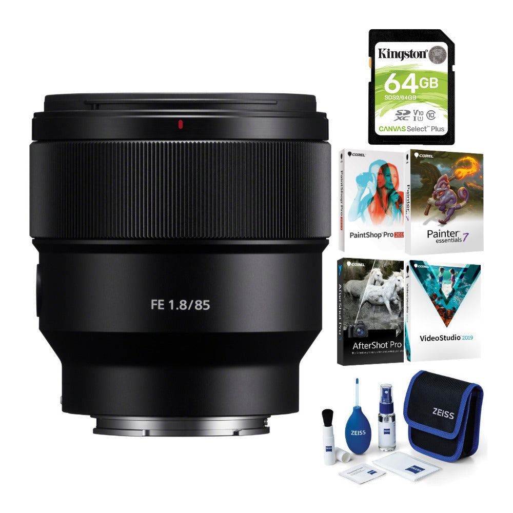 Sony FE 85mm f/1.8 Prime E-Mount Lens with Software Suite and Cleaning Kit and 64GB SD Card Bundle