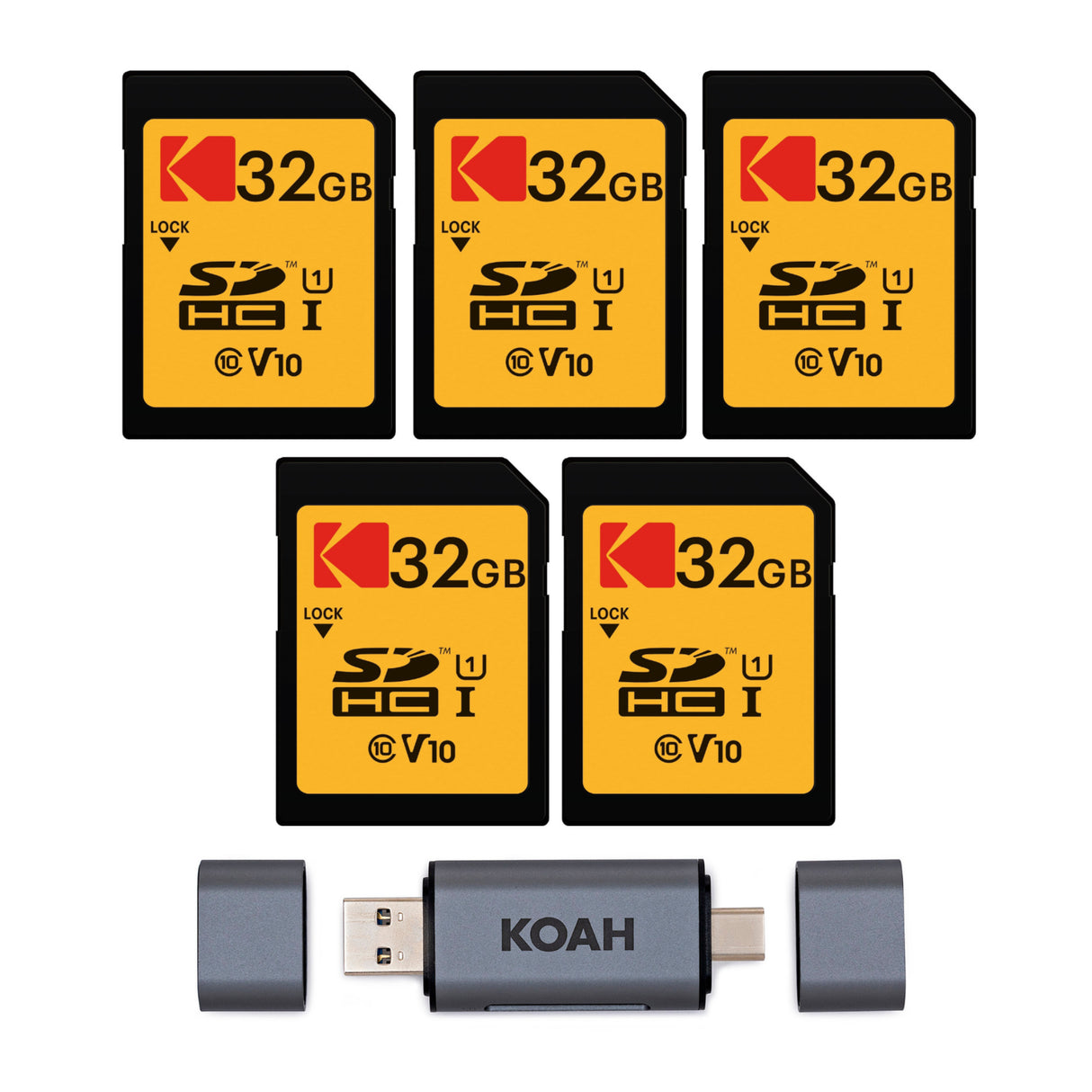 Kodak 32GB Class 10 UHS-I U1 SDHC Memory Card (5-Pack) Bundle with OTG Card Reader