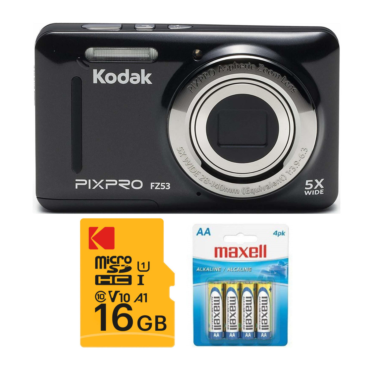 Kodak PIXPRO Friendly Zoom FZ53 Digital Camera (Black) with 16GB SD Card and Accessory Bundle