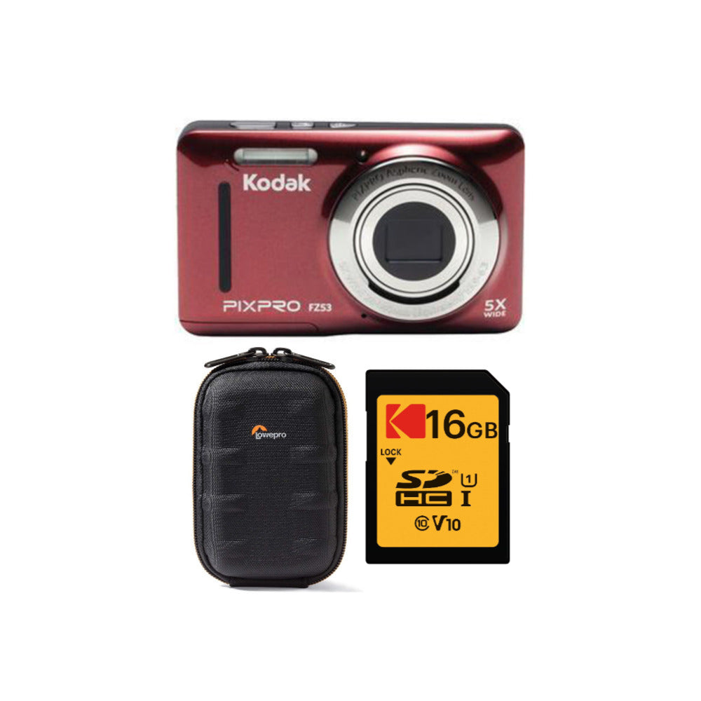 Kodak PIXPRO Friendly Zoom FZ53 Digital Camera (Red) Bundle with Lowepro Santiago 20 II Case and 16GB SD Card