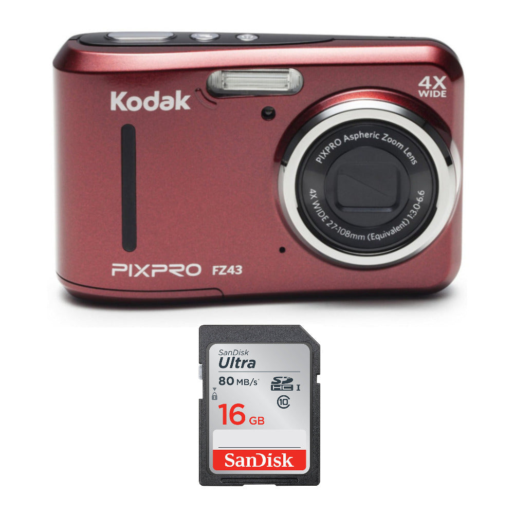 Kodak PIXPRO FZ43 Friendly Zoom (Red) with 16GB Memory Card Bundle