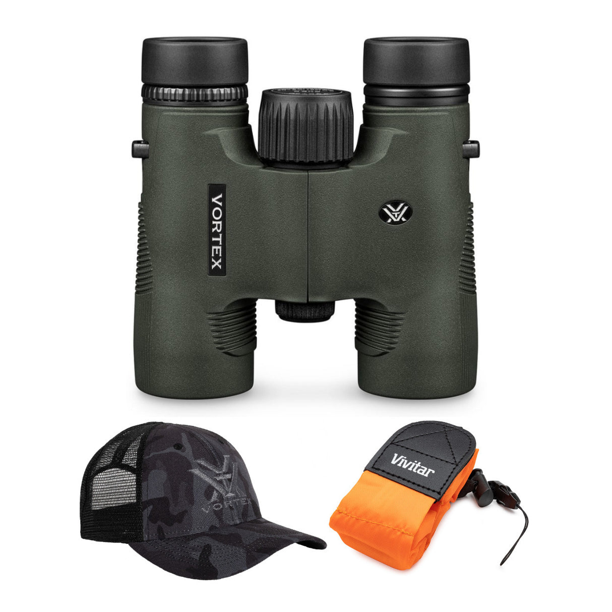 Vortex 10x28 Diamondback HD Roof Prism Binoculars with Cap and Floating Strap Bundle