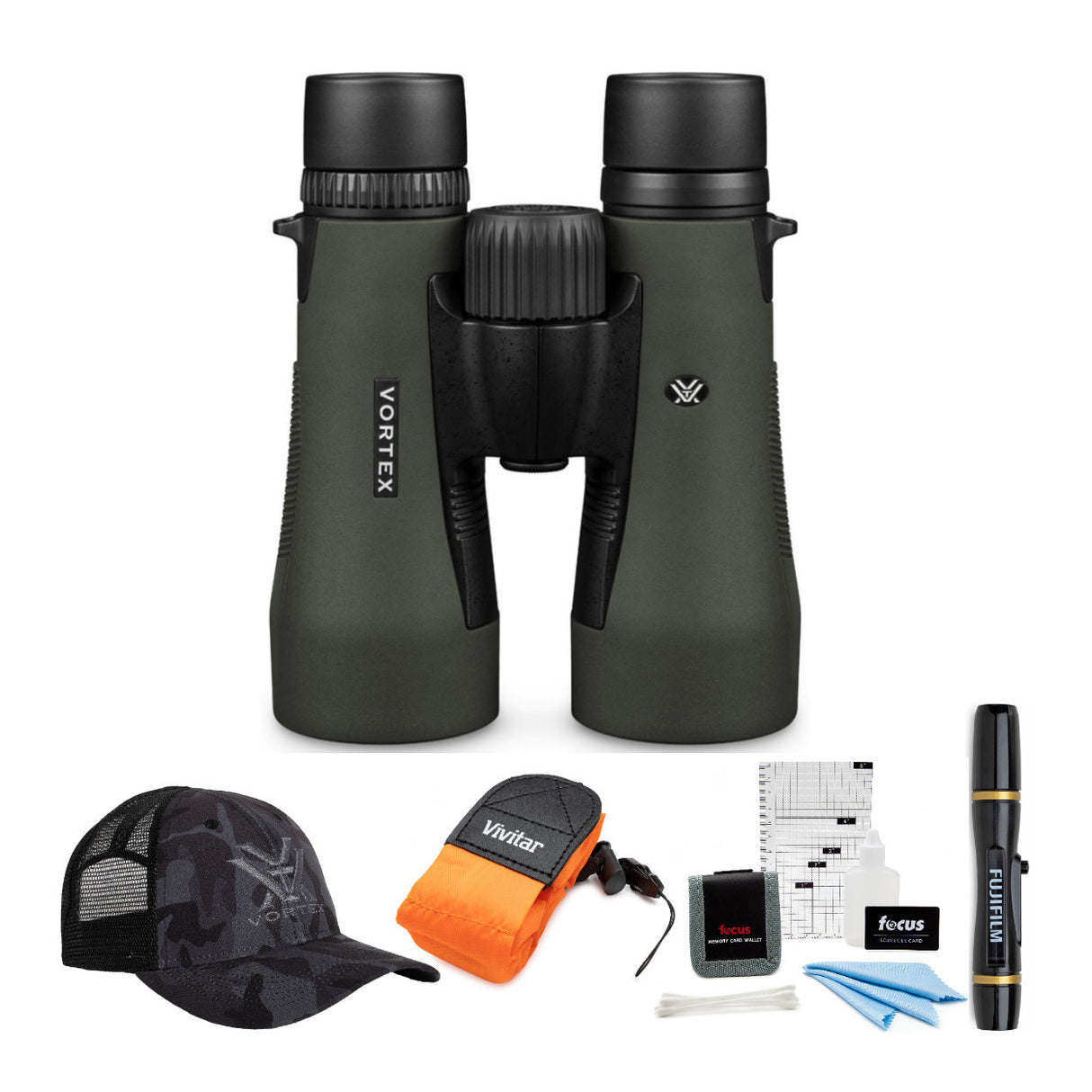 Vortex 10x50 Diamondback Roof Prism Binoculars w/ Cap, Foam Floating Camera Strap & Accessory Bundle