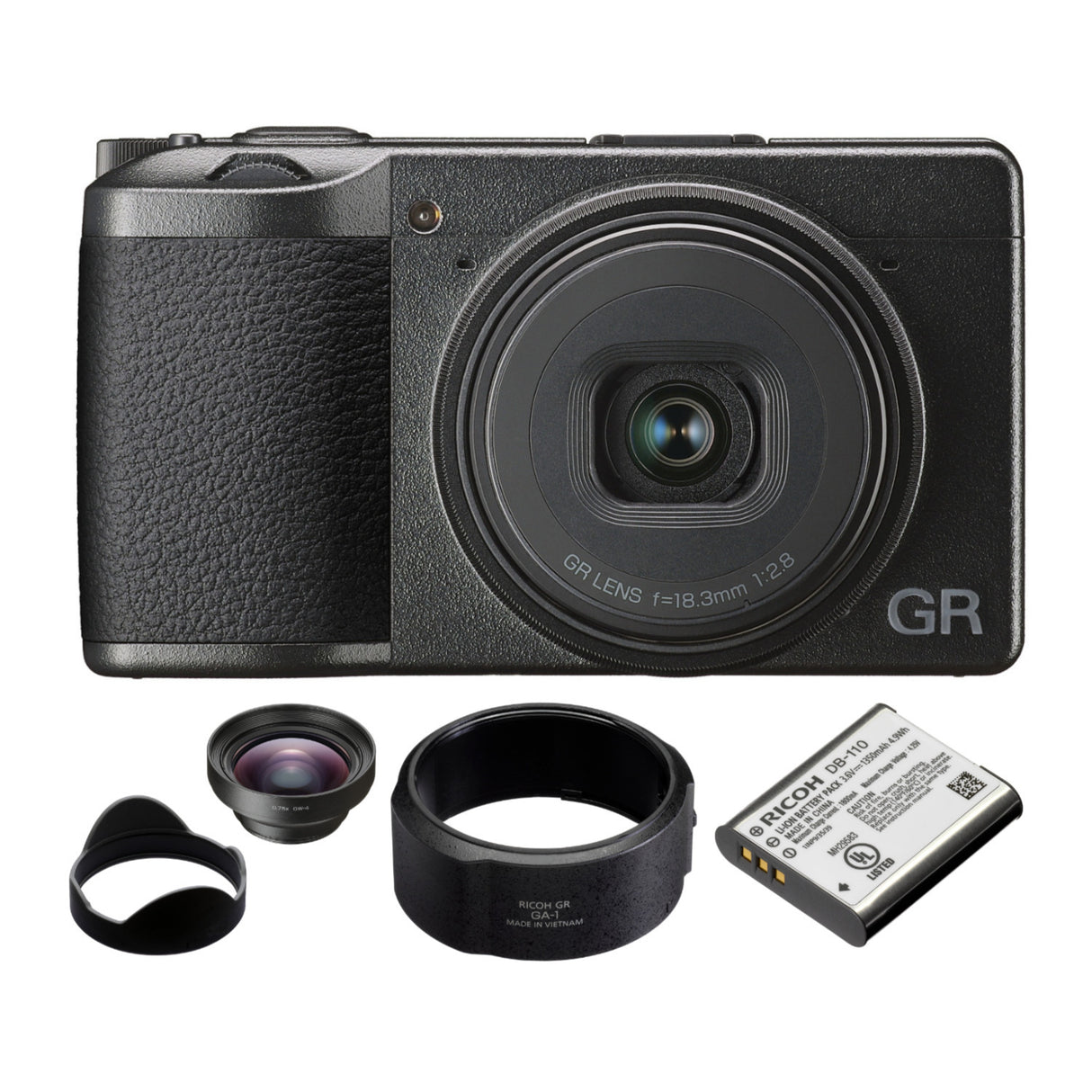 Ricoh GR III Premium Digital Camera with GW-4 Wide Conversion Lens, GA-1 Lens Adapter, and Battery
