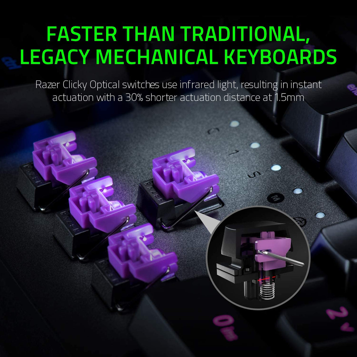 Razer Huntsman Elite Opto Mechanical Gaming Keyboard Light and Clicky Optical Purple Switches