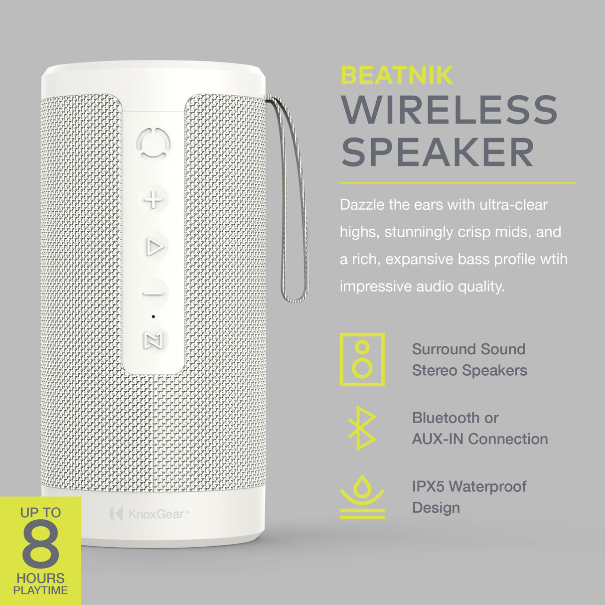 Knox Gear Beatnik Portable Bluetooth Speaker IPX5 Waterproof Speaker (White)