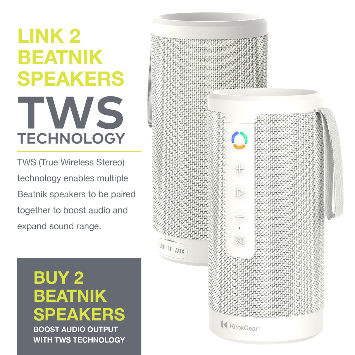 Knox Gear Beatnik Portable Bluetooth Speaker IPX5 Waterproof Speaker (White)