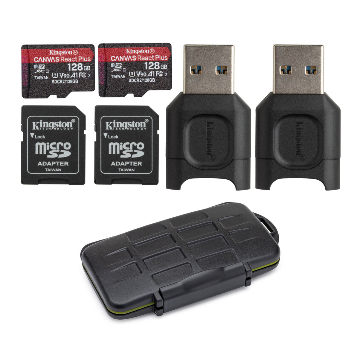 Kingston 128GB Canvas React Plus V90 UHS-II MicroSDXC Card with Reader (2-Pack) and Memory Case