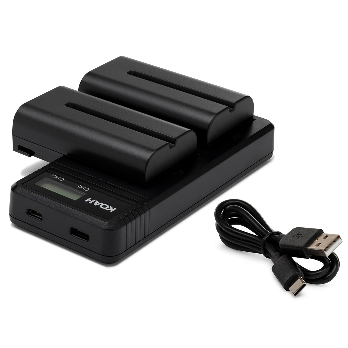 Koah 2-Pack Rechargeable 3350mAh Batteries and Dual USB-C LCD Charger for Sony NP-F570