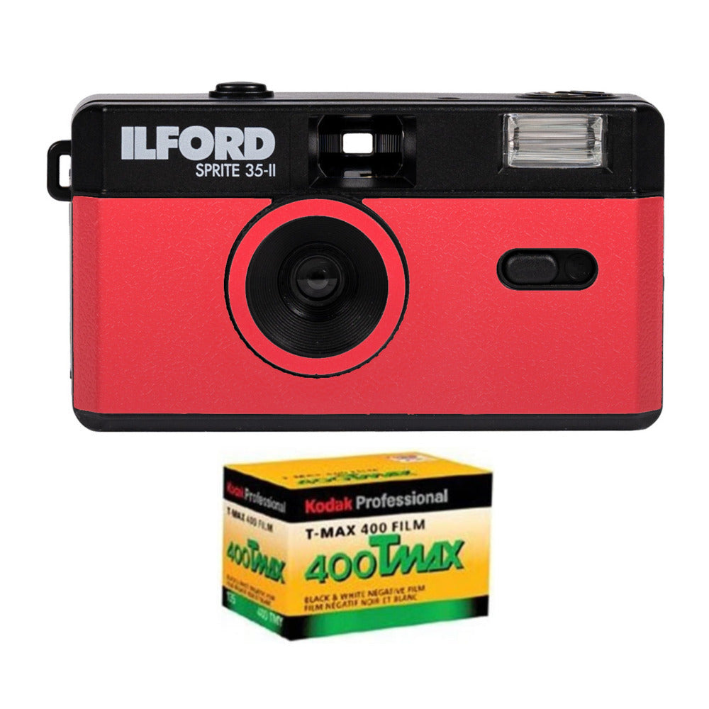 Ilford Sprite 35-II Reusable/Reloadable 35mm Film Camera (Red and Black) with Kodak T-Max 400 Film