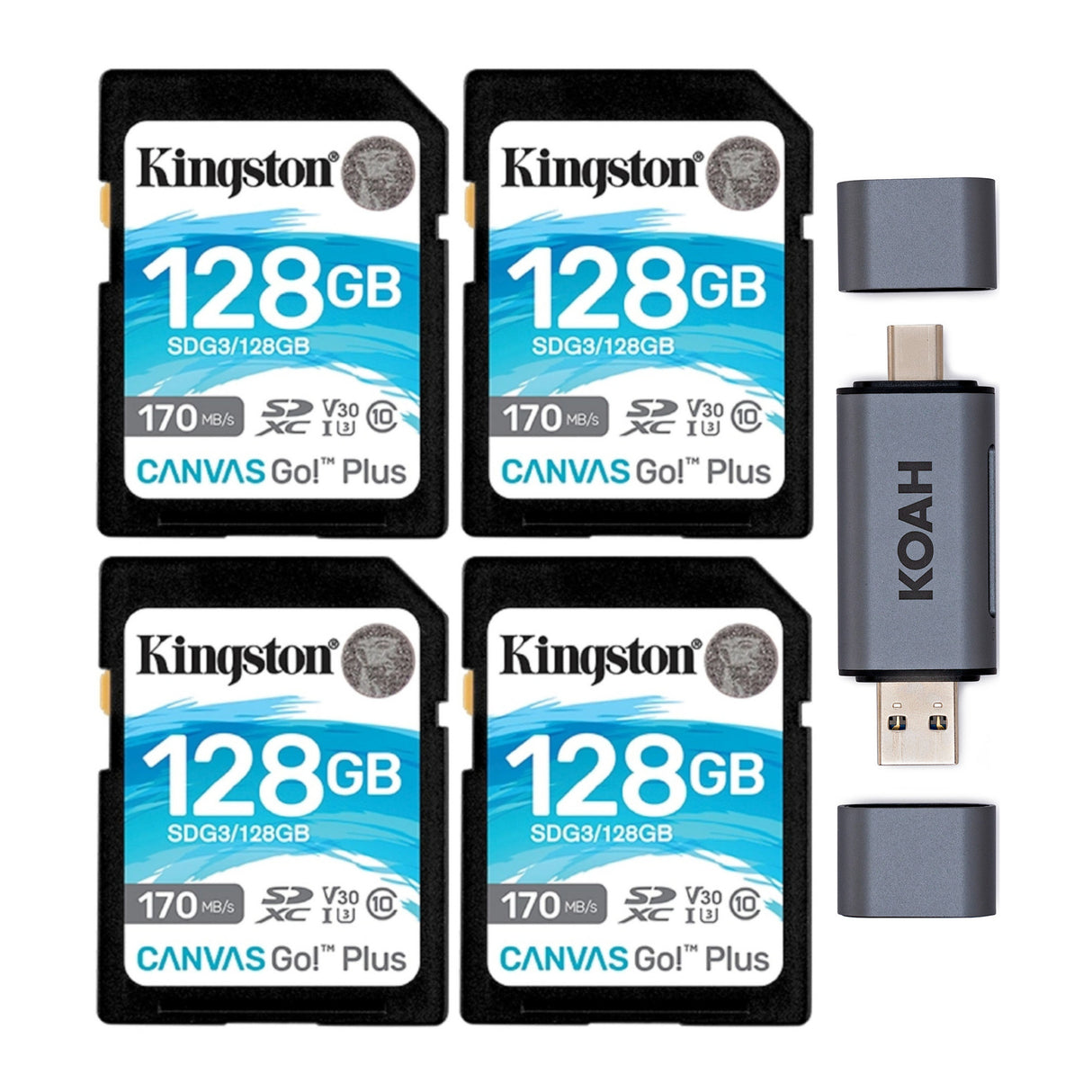 Kingston 128GB SDXC Canvas Go Plus 170MB/s Read Memory Card (4-Pack) with Koah SD Card Reader