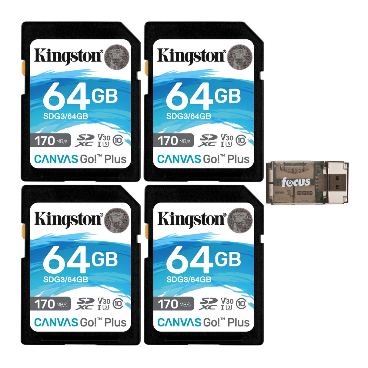 Kingston 64GB SDXC Canvas Go Plus 170MB/s Read Memory Card (SDG3/64GB, 4-Pack) and a USB Card Reader