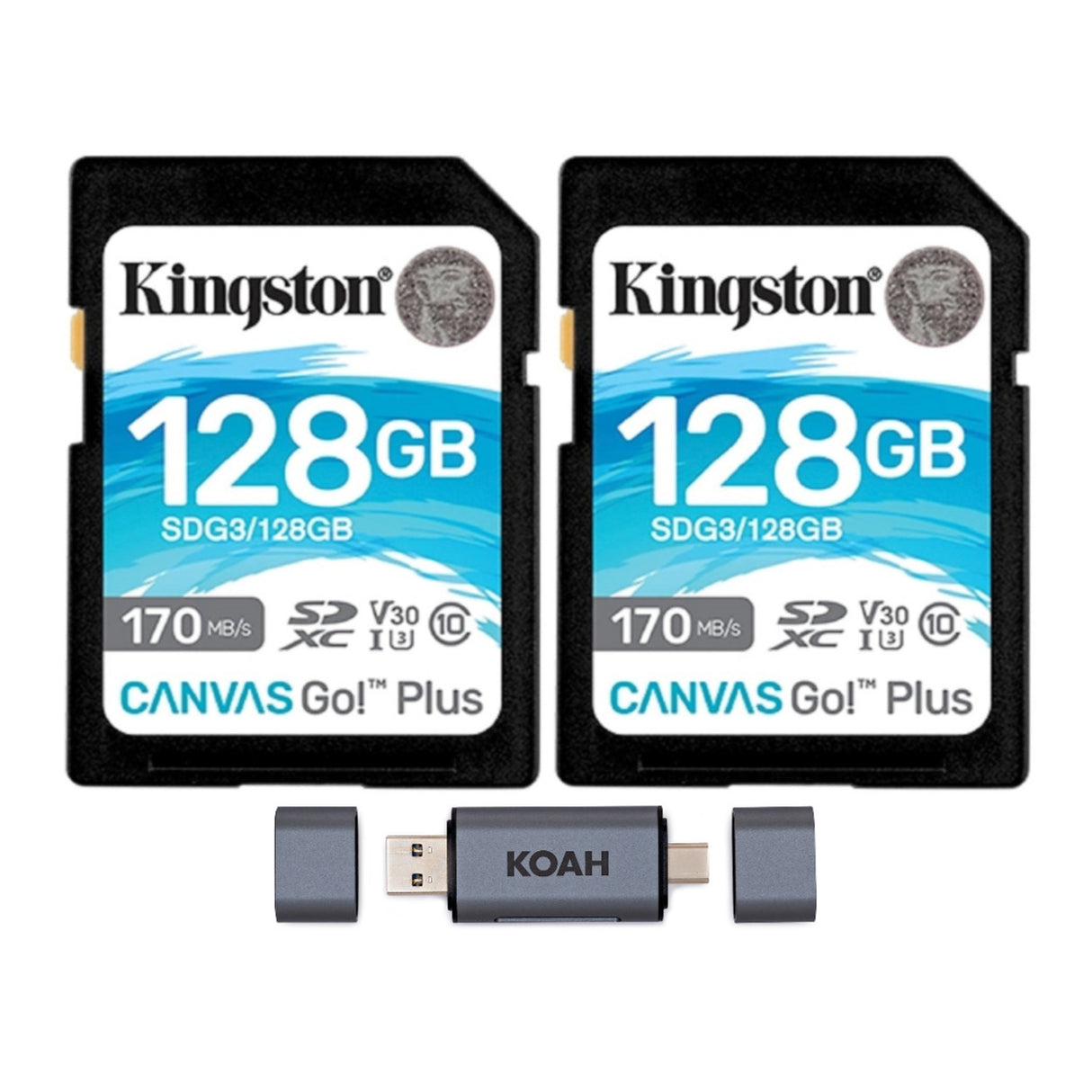 Kingston 128GB SDXC Canvas Go Plus Memory Card (2-Pack) with Koah PRO Dual Slot SD Card Reader