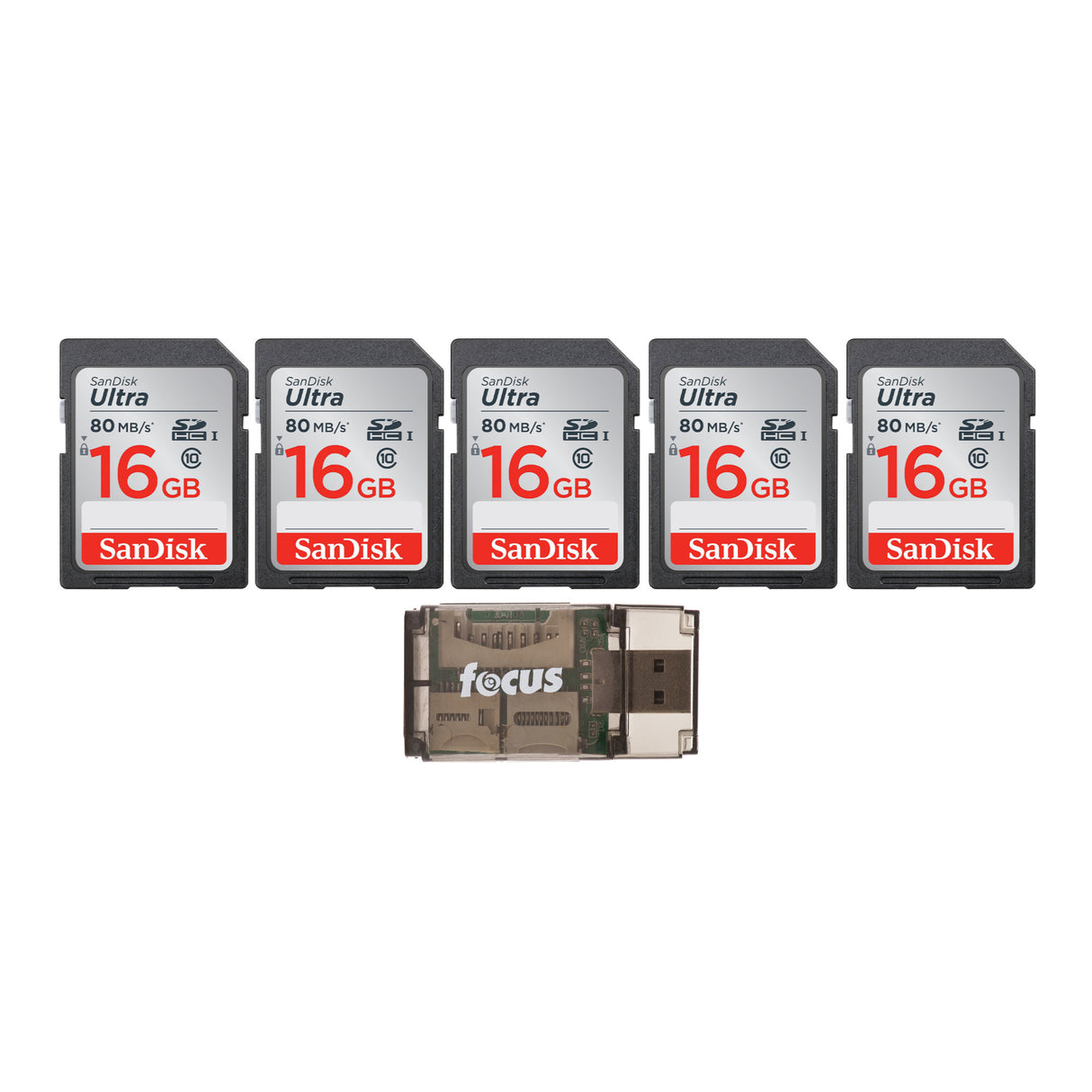 SanDisk Ultra 16GB Class SD Memory Card (5-Pack) with Focus All-In-One High Speed USB Card Reader