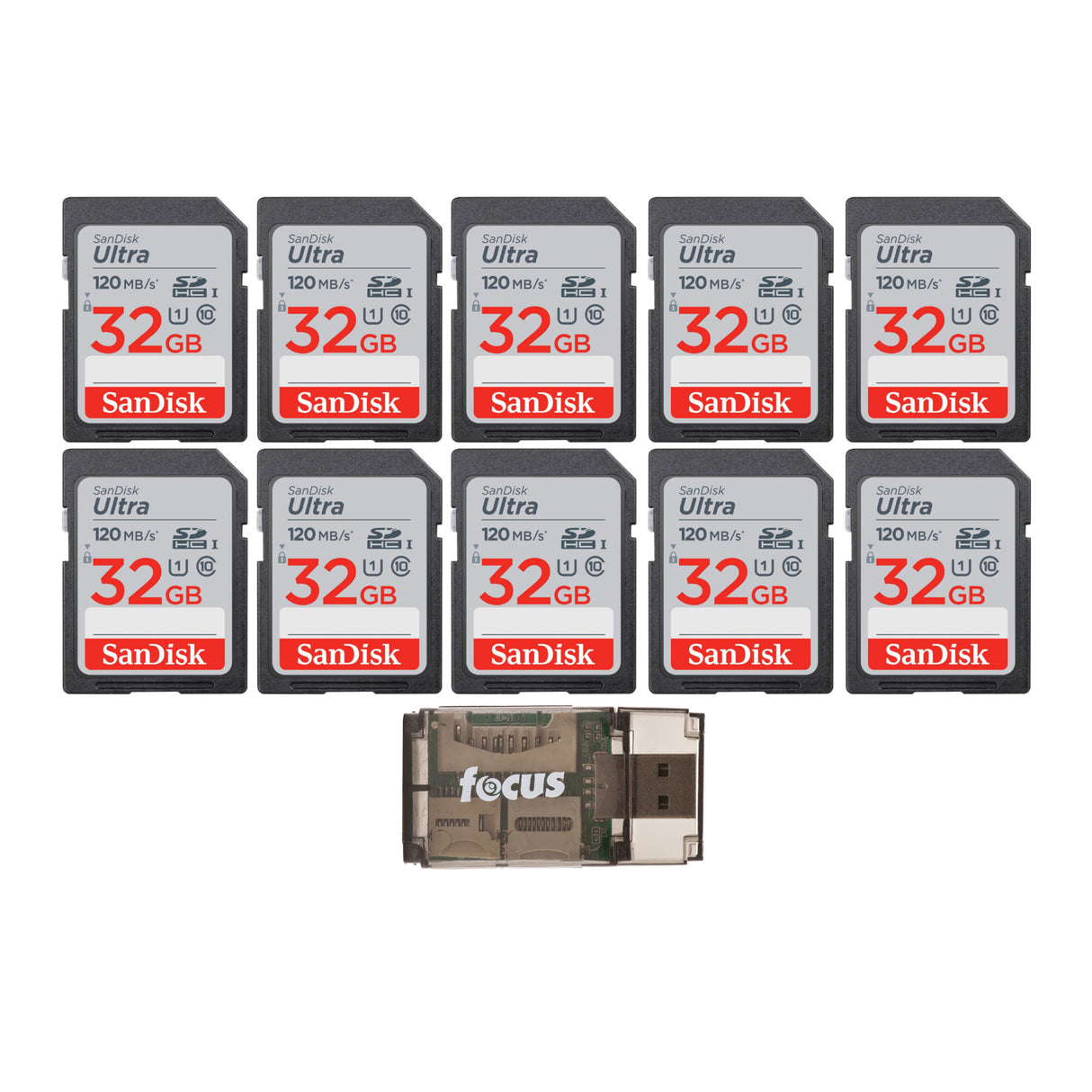 SanDisk 32GB 120MB/s Ultra UHS-I SDXC Memory Card (10-Pack) with Card Reader Bundle