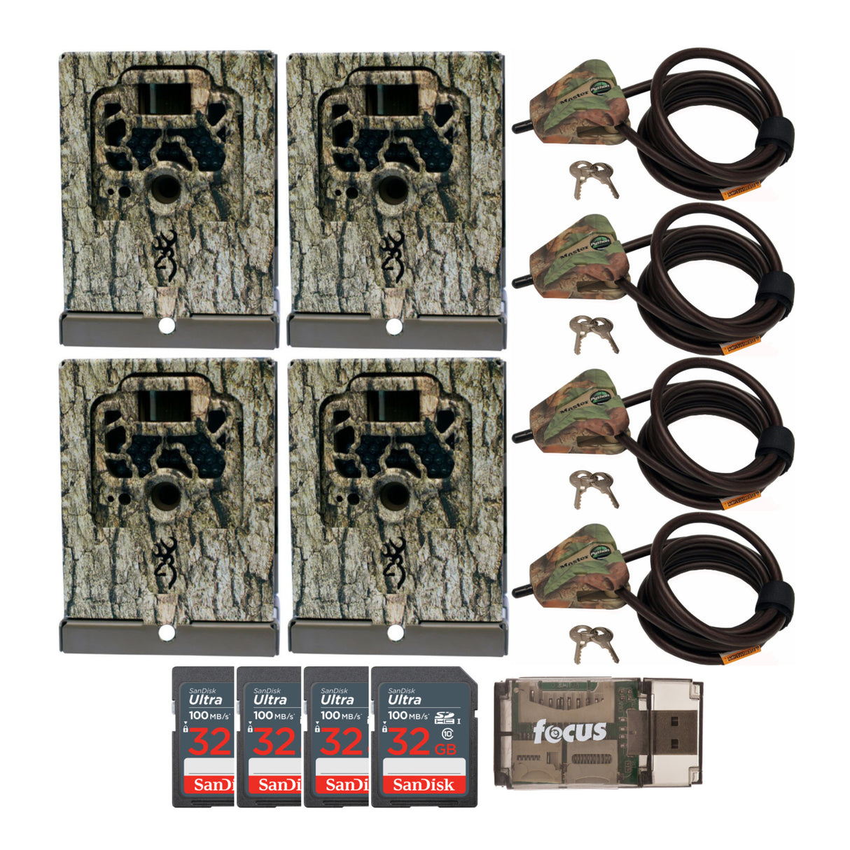 Browning Trail Cameras Security Box (4-Pack) with Python Cable Locks and 32GB SD Cards Bundle