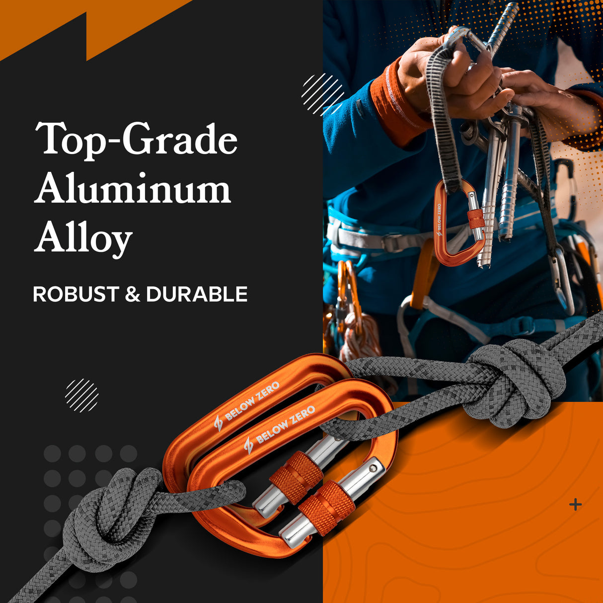 BELOW ZERO 12kN Heavy Duty Carabiner with Locking Clip (Orange)