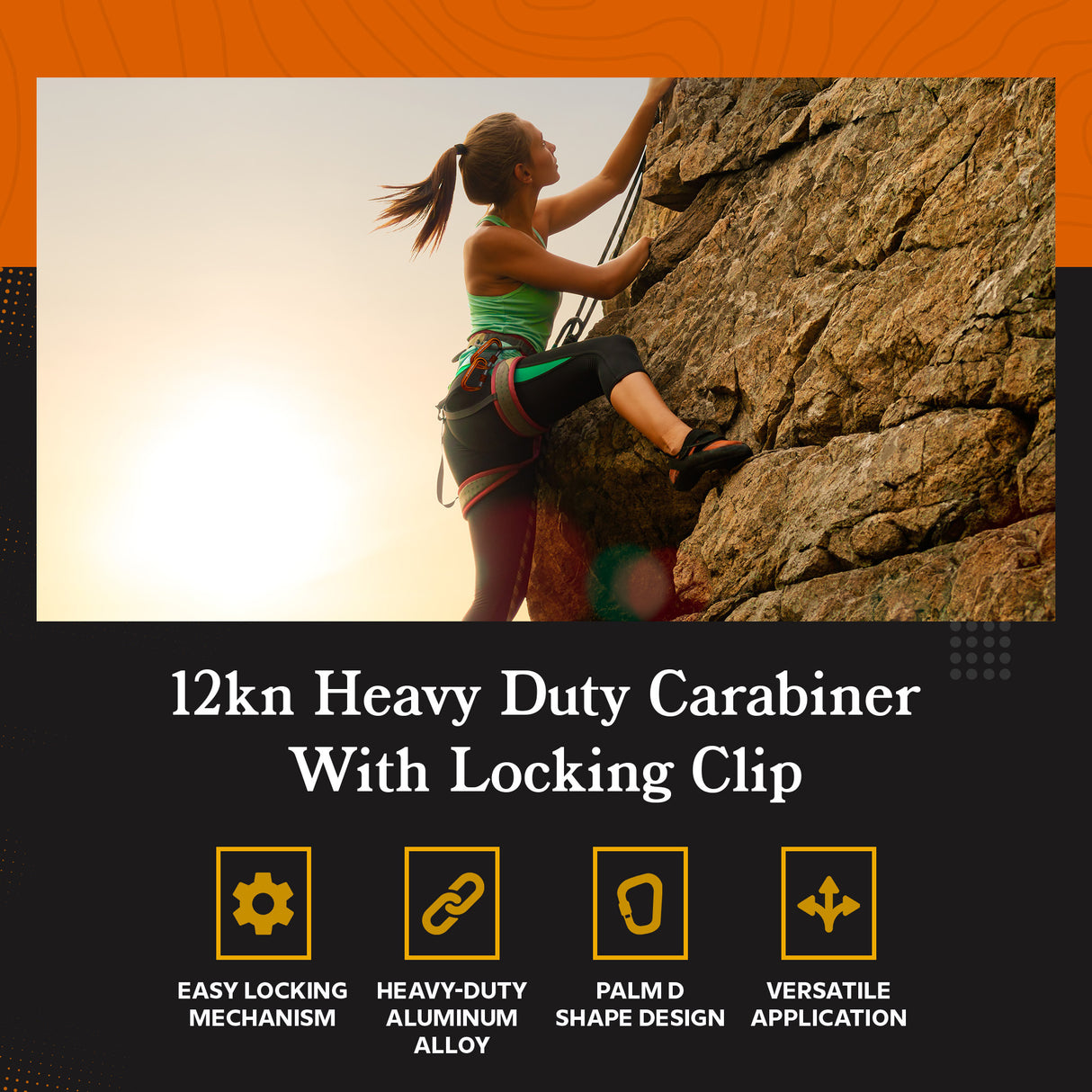 BELOW ZERO 12kN Heavy Duty Carabiner with Locking Clip (Orange)