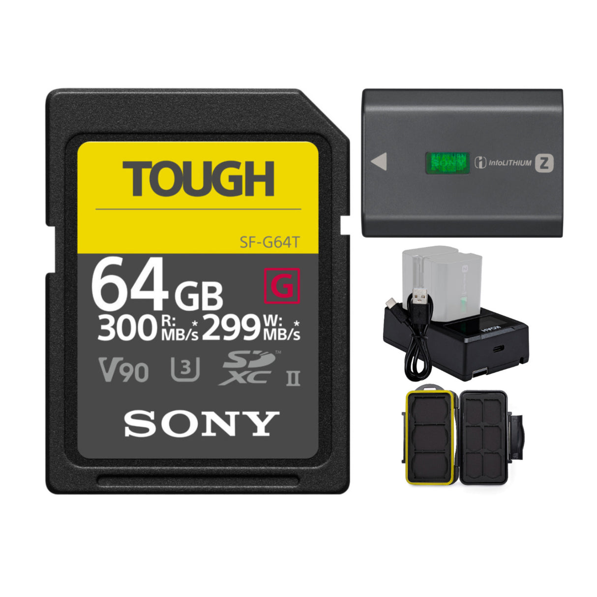 Sony 64GB UHS-II Tough G-Series SD Card with Rechargeable Battery Pack and Dual USB-C Charger Bundle