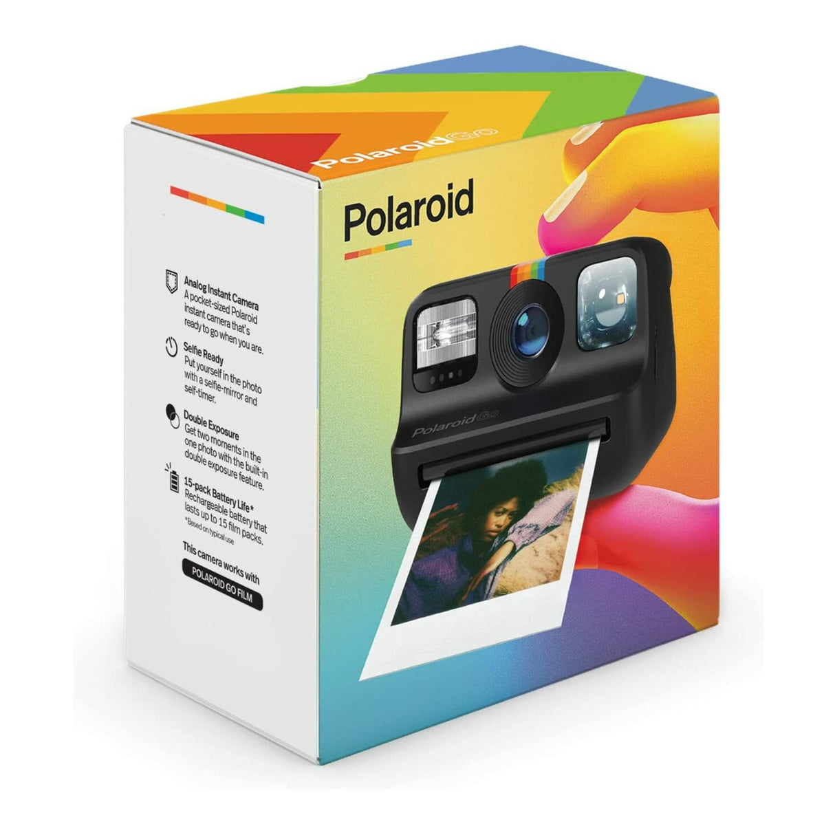 Polaroid Go Instant Camera (Black) with 5 Color Go Film Packs and PhotoBox