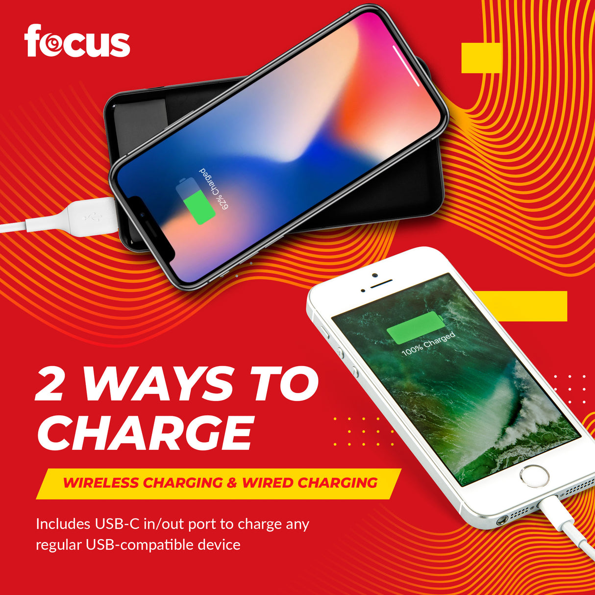 Focus 10,000mAh Ultra Portable LED Display Wireless Quick Charge Battery Bank