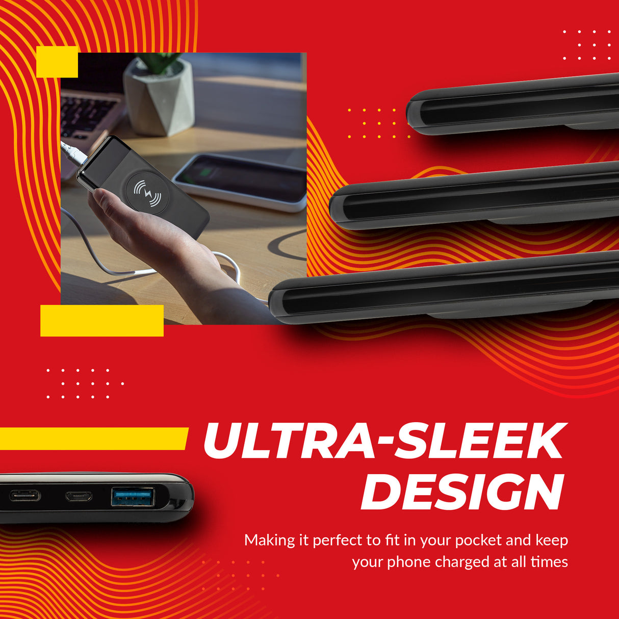 Focus 10,000mAh Ultra Portable LED Display Wireless Quick Charge Battery Bank