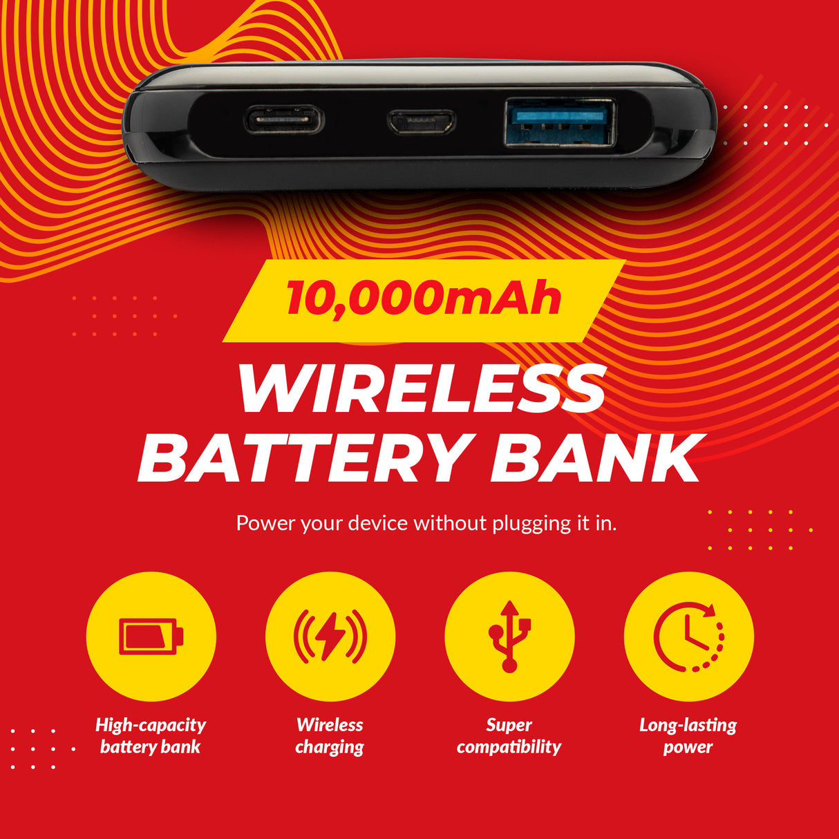 Focus 10,000mAh Ultra Portable LED Display Wireless Quick Charge Battery Bank