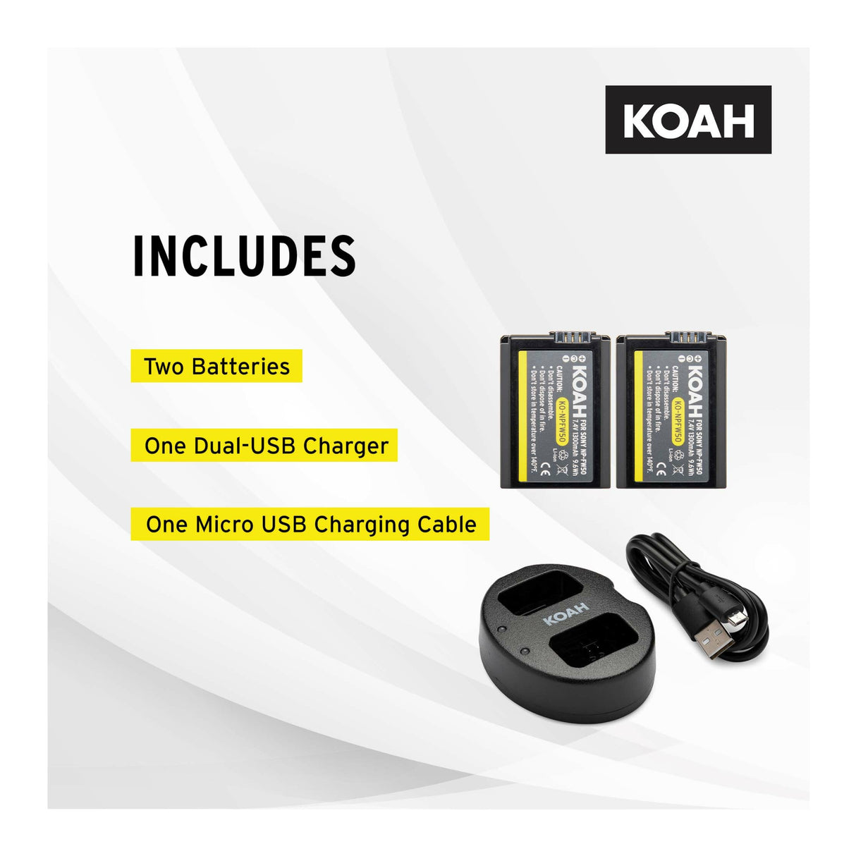 Koah PRO Rechargeable 1300mAh Battery (2-Pack) and Dual Charger for Sony NP-FW50