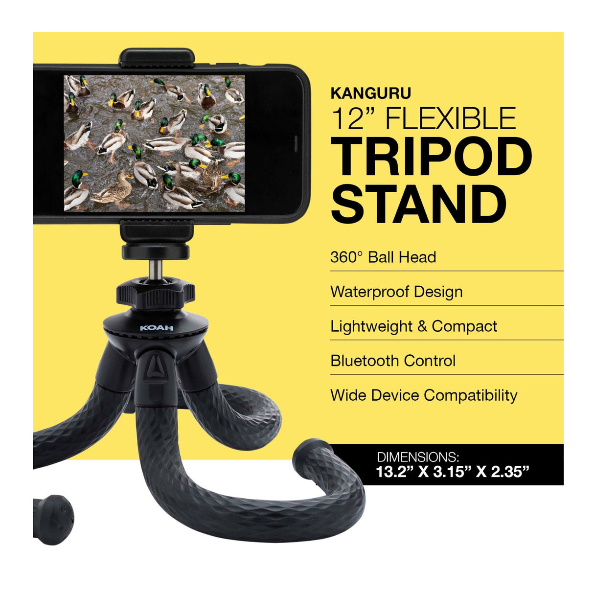 Koah Kanguru 12-Inch Flexible Waterproof Tripod with Bluetooth for iPhone, Galaxy, Go Pro Cameras