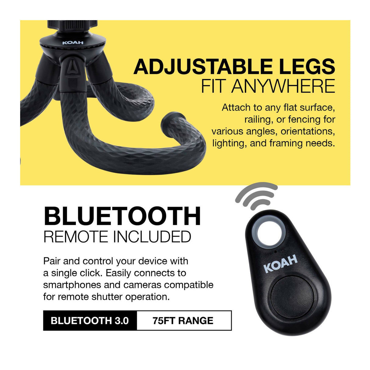 Koah Kanguru 12-Inch Flexible Waterproof Tripod with Bluetooth for iPhone, Galaxy, Go Pro Cameras