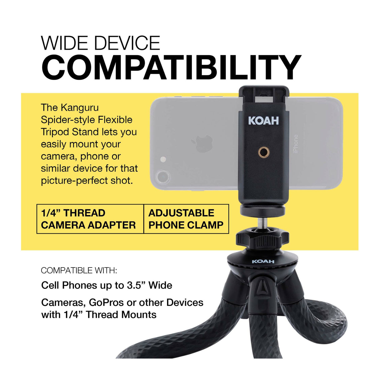 Koah Kanguru 12-Inch Flexible Waterproof Tripod with Bluetooth for iPhone, Galaxy, Go Pro Cameras