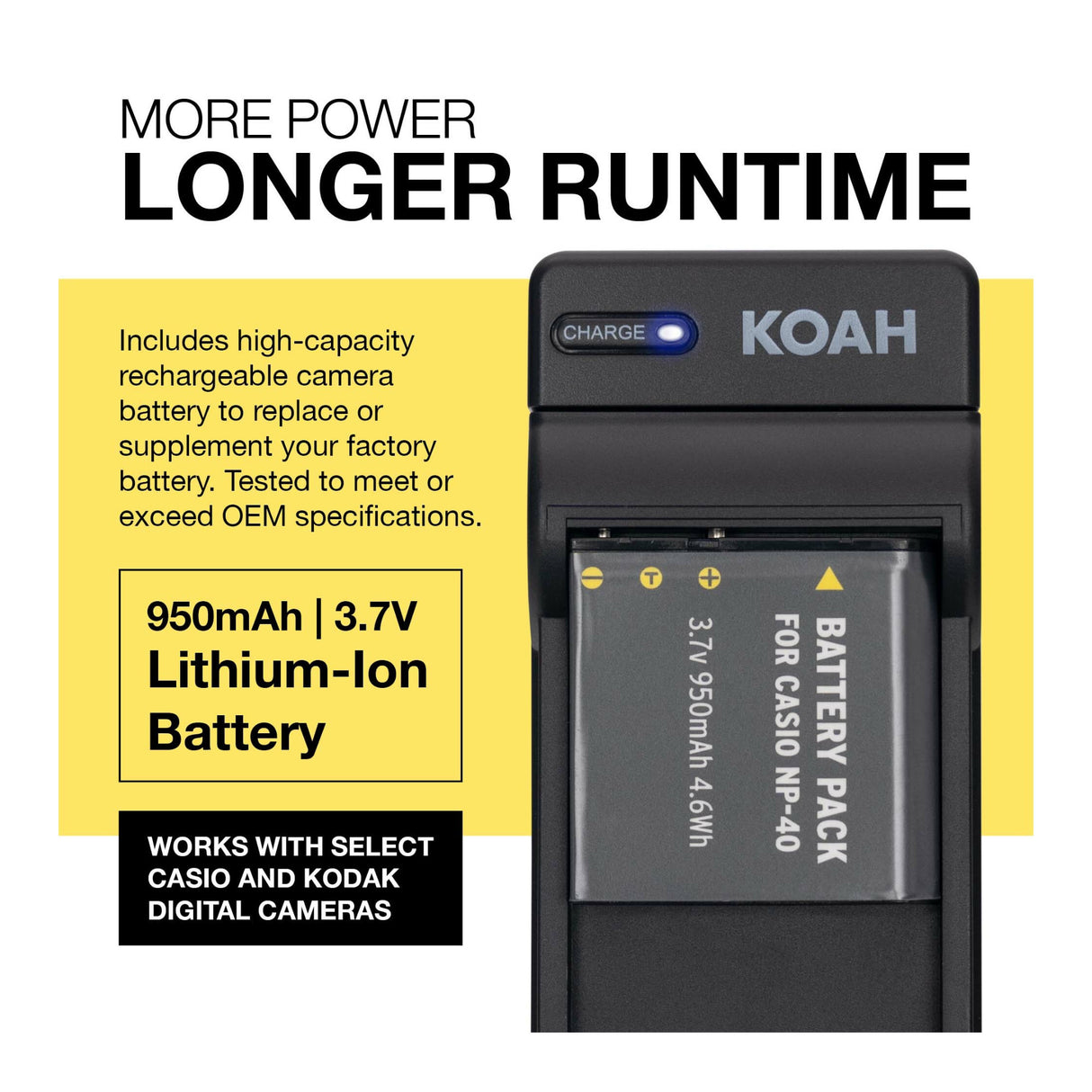 Koah Rechargeable Lithium-Ion Battery and Charger Kit Compatible with Casio NP-40 and Kodak LB-060