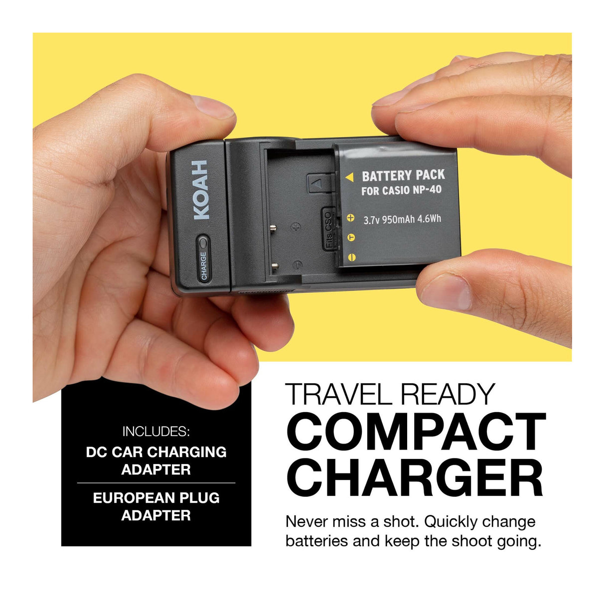 Koah Rechargeable Lithium-Ion Battery and Charger Kit Compatible with Casio NP-40 and Kodak LB-060