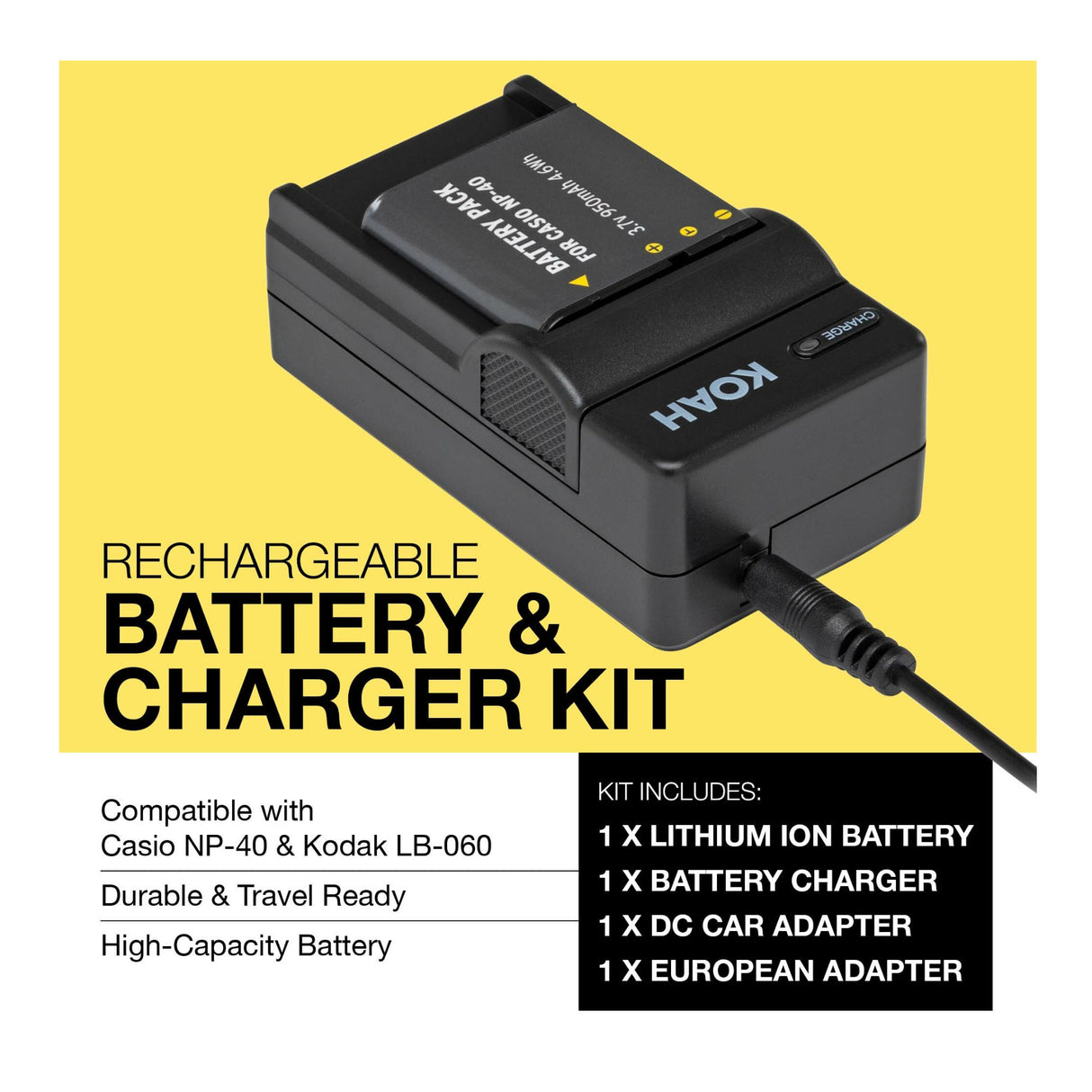 Koah Rechargeable Lithium-Ion Battery and Charger Kit Compatible with Casio NP-40 and Kodak LB-060