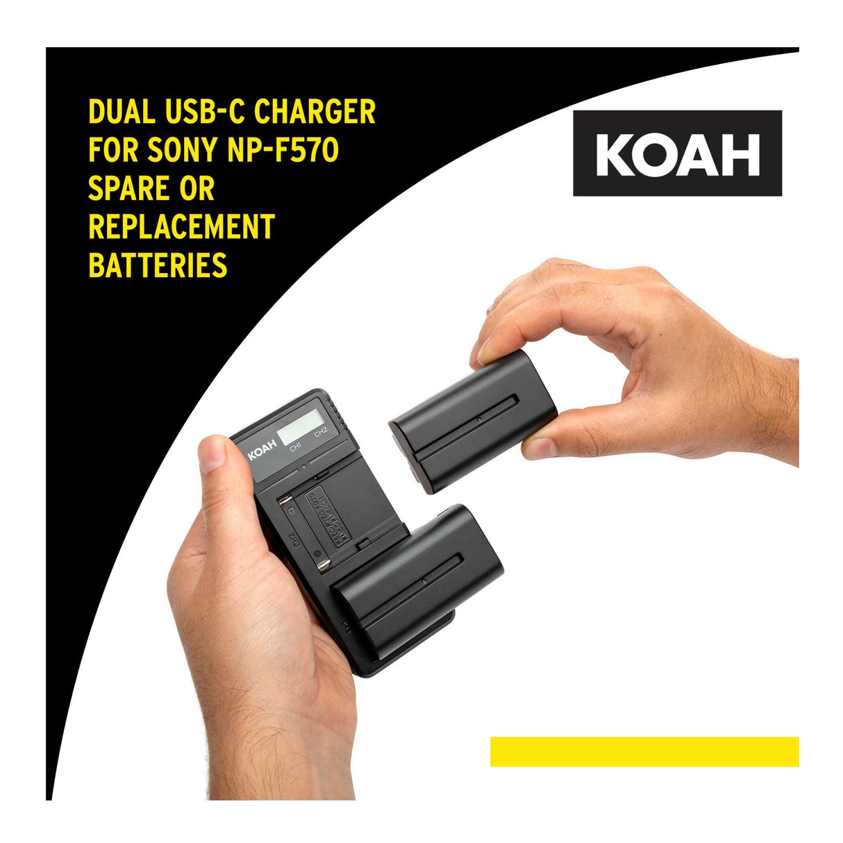 Koah 2-Pack Rechargeable 3350mAh Batteries and Dual USB-C LCD Charger for Sony NP-F570