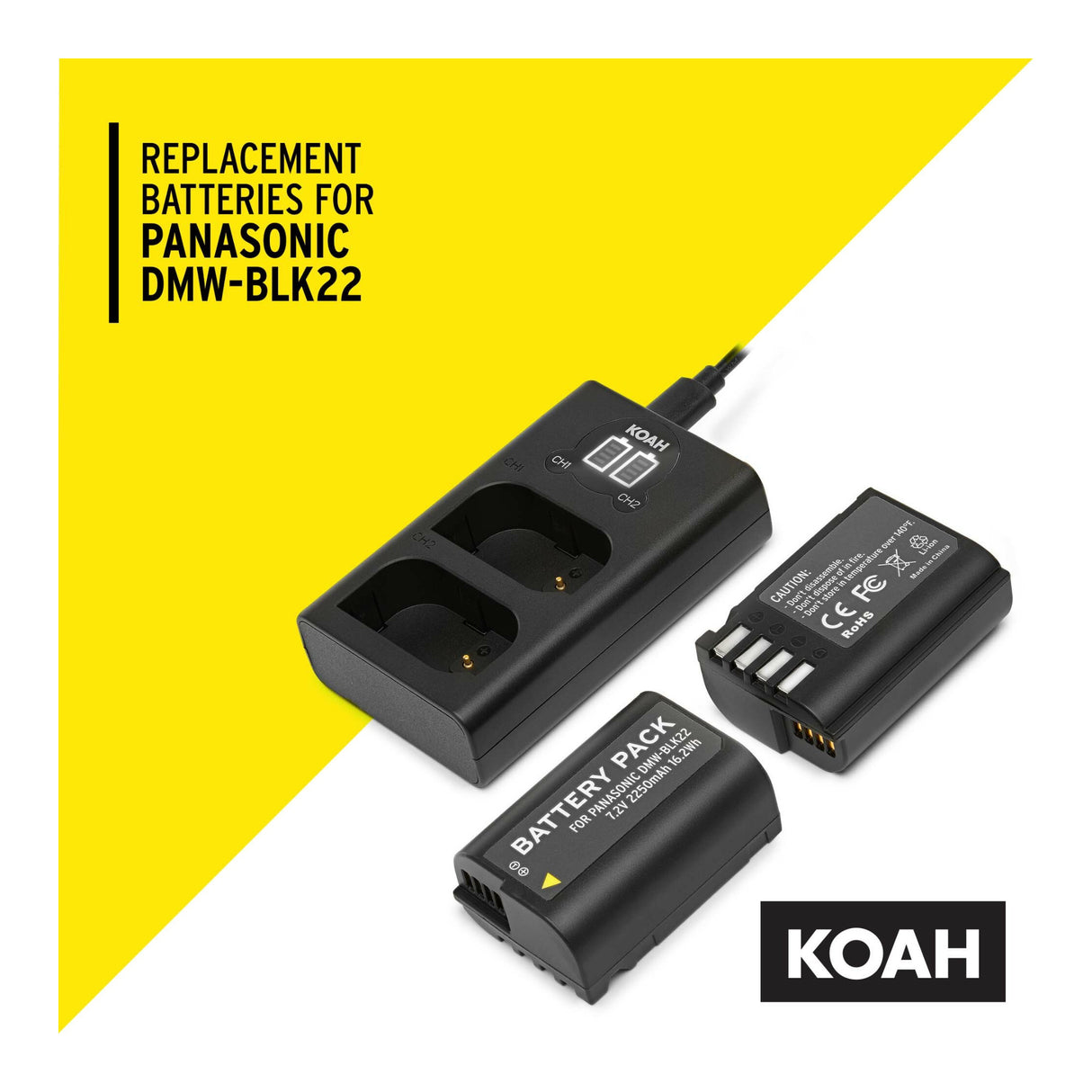 Koah 2-Pack Rechargeable 2250mAh Batteries and Dual USB-C LCD Charger for Panasonic DMW-BLK22