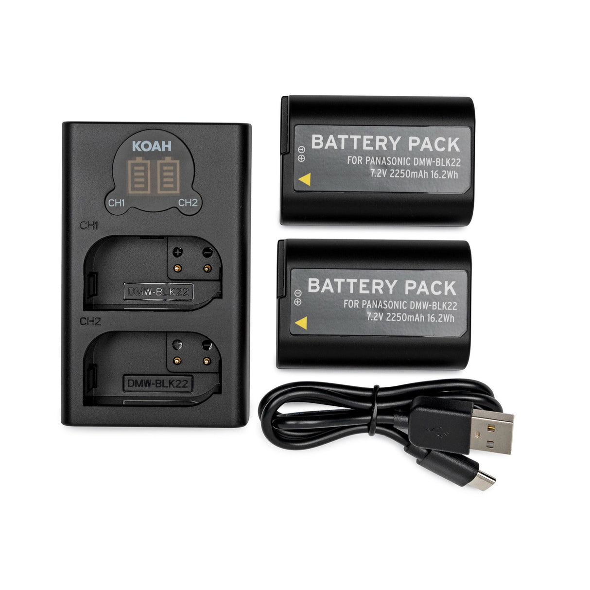 Koah 2-Pack Rechargeable 2250mAh Batteries and Dual USB-C LCD Charger for Panasonic DMW-BLK22