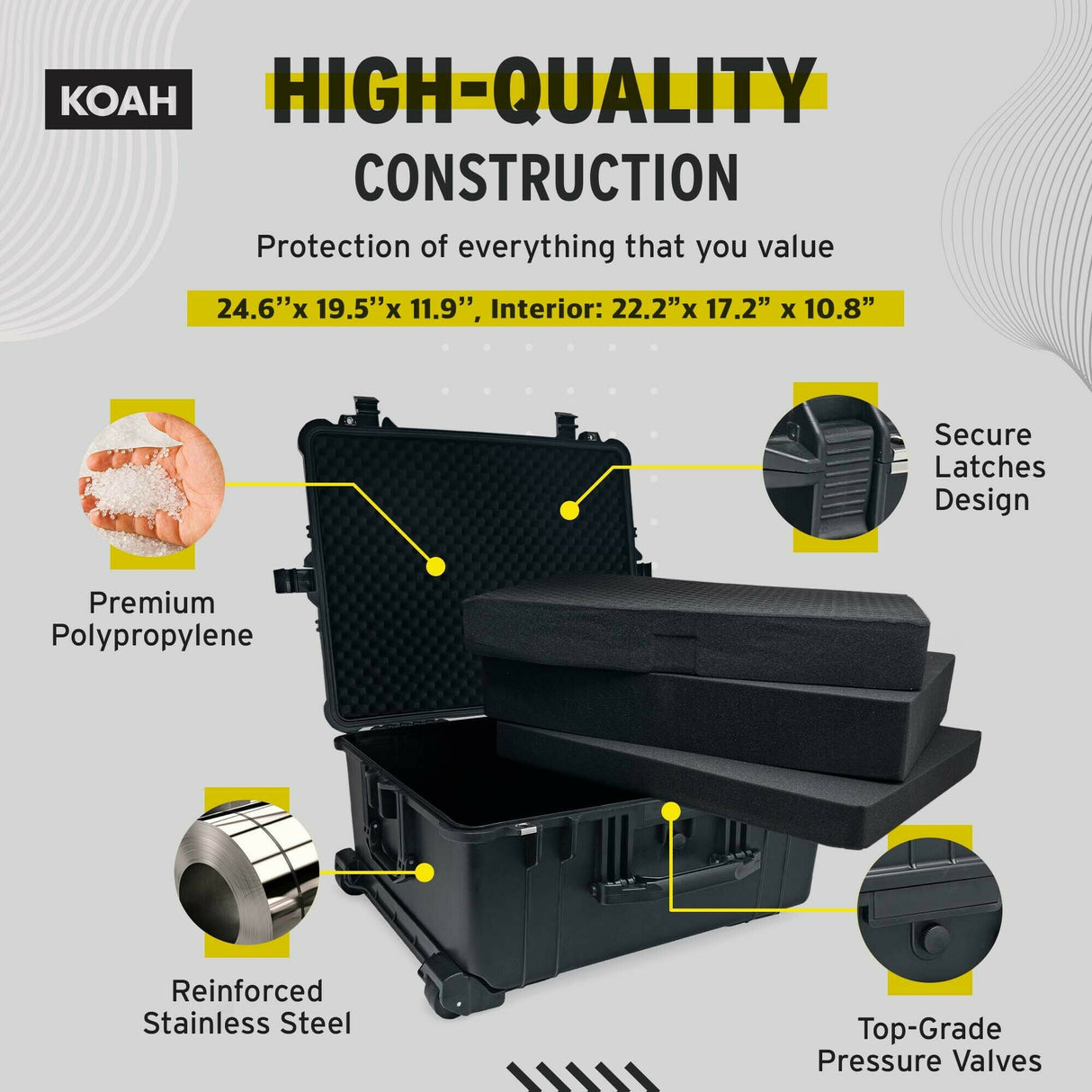 Koah Weatherproof Wheeled Hard Case with Customizable Foam (25 x 20 x 12 Inch)