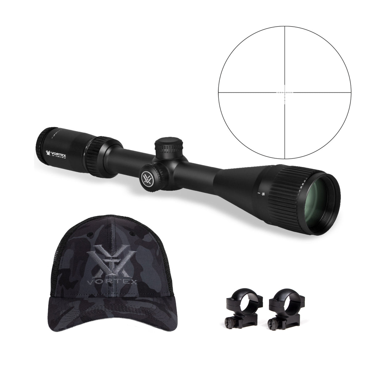 Vortex Crossfire II 6-18x44 AO Riflescope (Dead-Hold BDC MOA Reticle) with 1inch Scope Rings and Hat