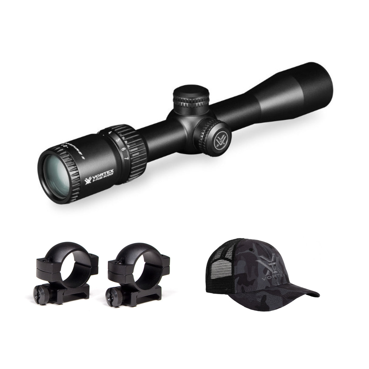 Vortex Crossfire II 2-7x32 Scout Scope (V-Plex MOA Reticle) with 1-inch Riflescope Rings and Hat