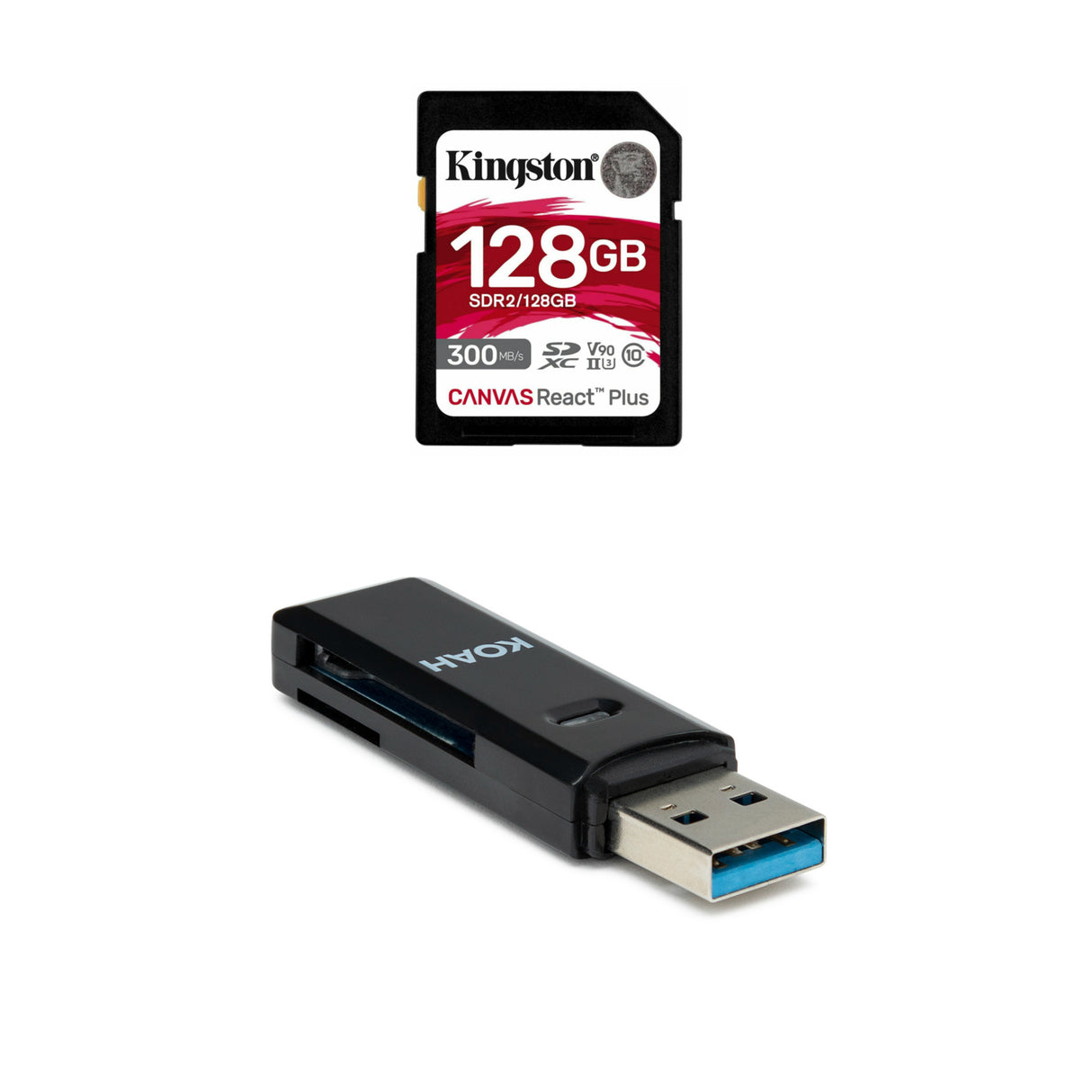 Kingston Canvas React Plus 128GB U3 V90 SDXC UHS-II SD Card with 2-In-1 Memory Card Reader