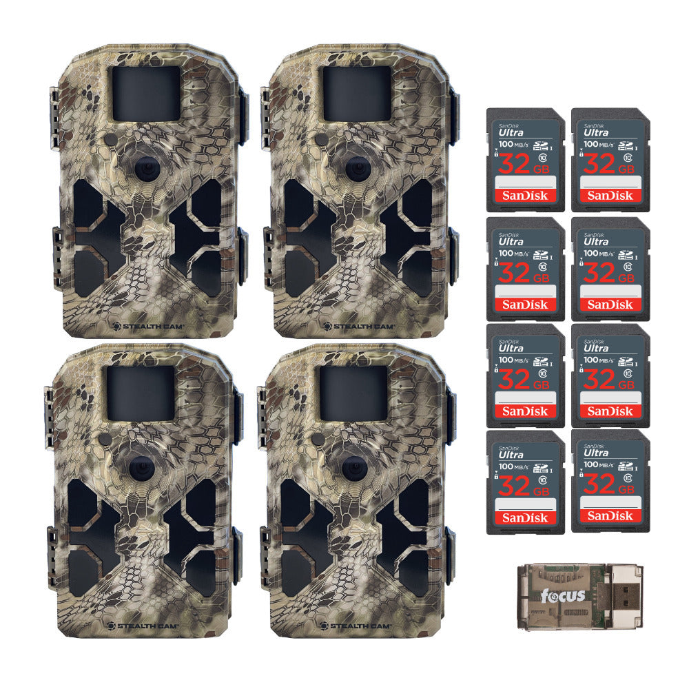 Stealth Cam 2022 G42NG 32MP No-Glow Trail Cameras, Kryptek, & Cards Kit (4-Pack)
